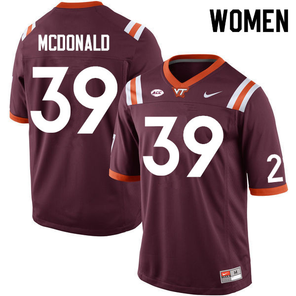 Women #39 Jorden McDonald Virginia Tech Hokies College Football Jerseys Sale-Maroon - Click Image to Close